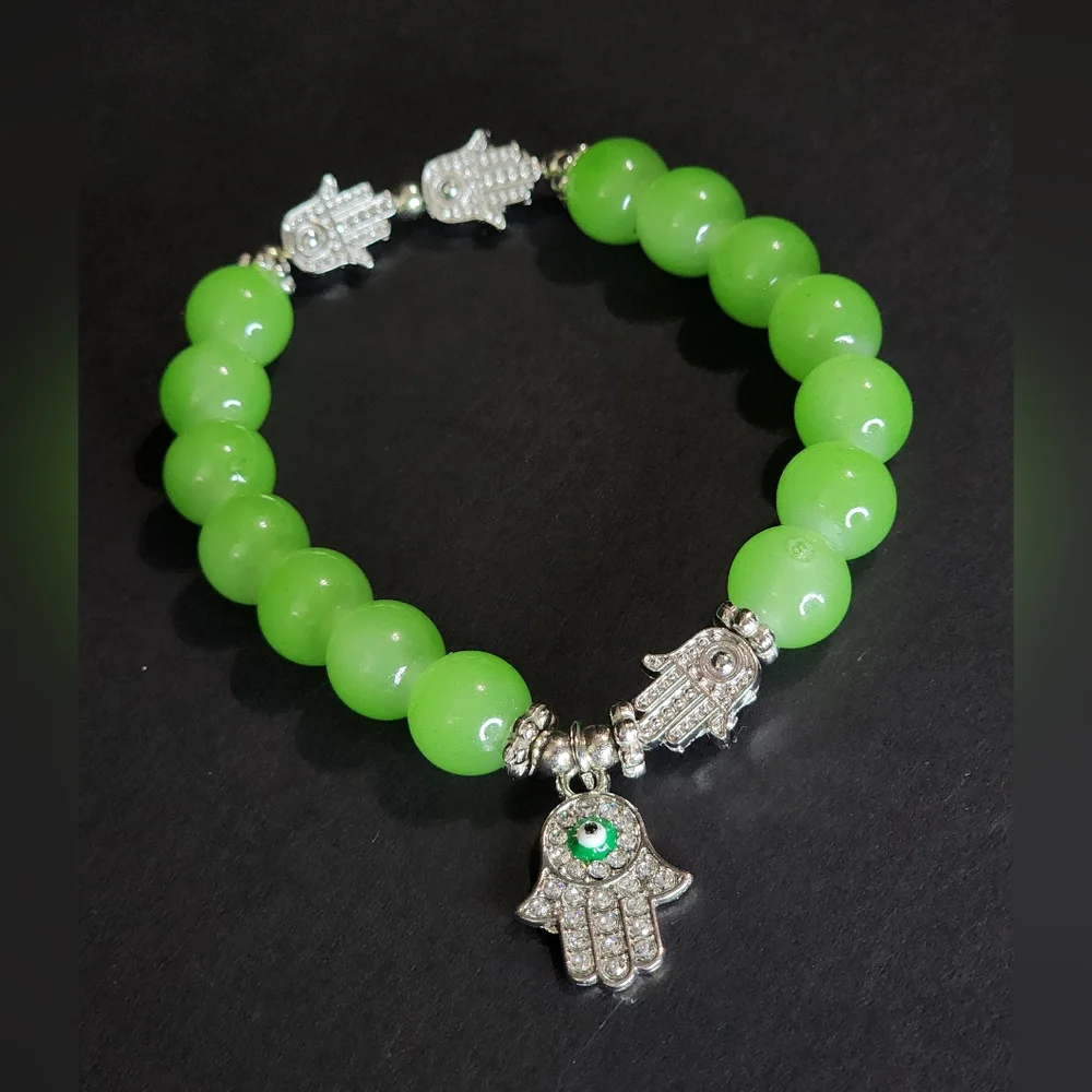 Neon Green Glass Beaded Hamsa Stretch Bracelet